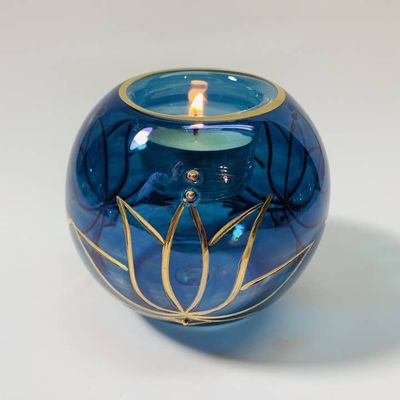 Blown Glass Candle Holder - Lotus Blue, Egypt