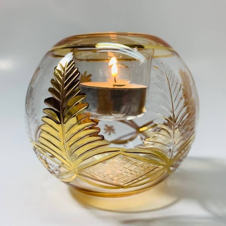 Blown Glass Candle Holder - Palm Leaf Amber, Egypt