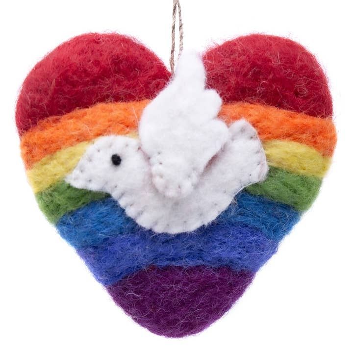 Rainbow Heart Dove Felt Ornament, Nepal