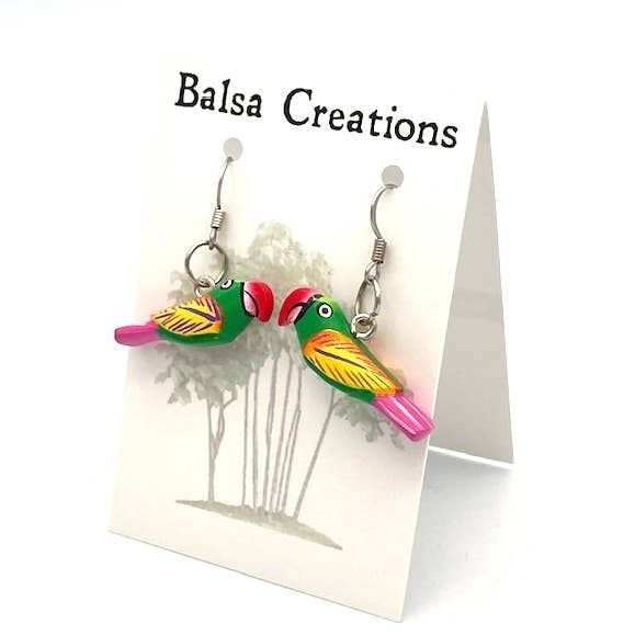 Green Macaw Balsa Earrings, Nicaragua