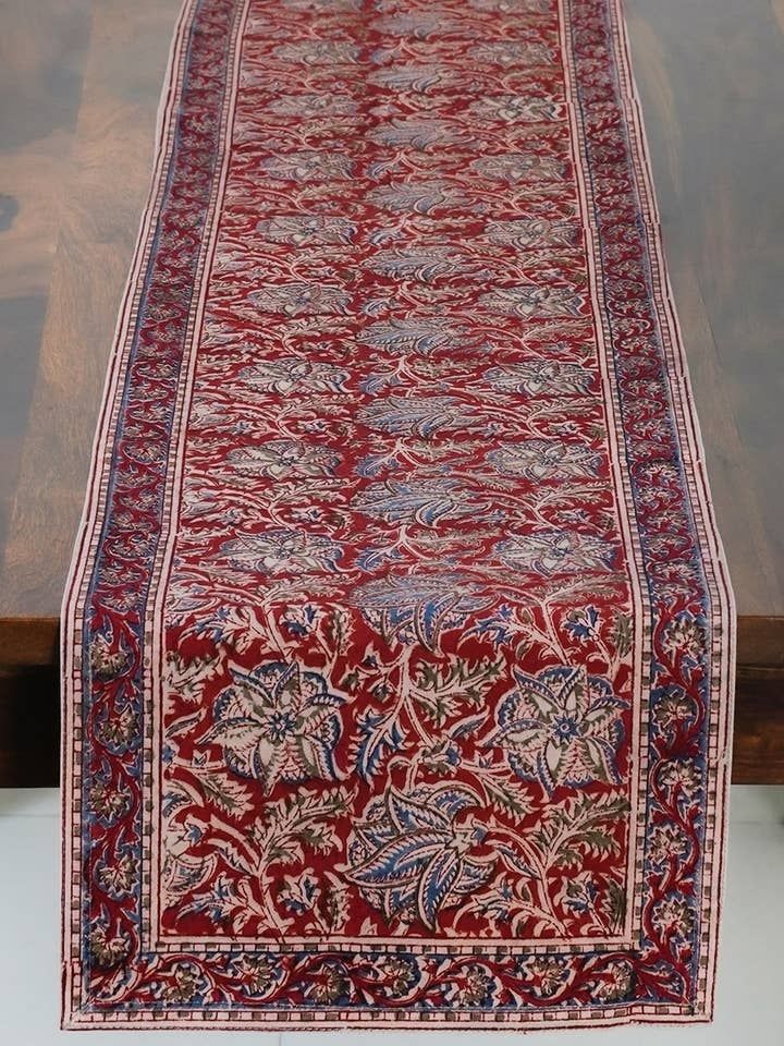 Red and Blue Kalamkari Table Runner, India