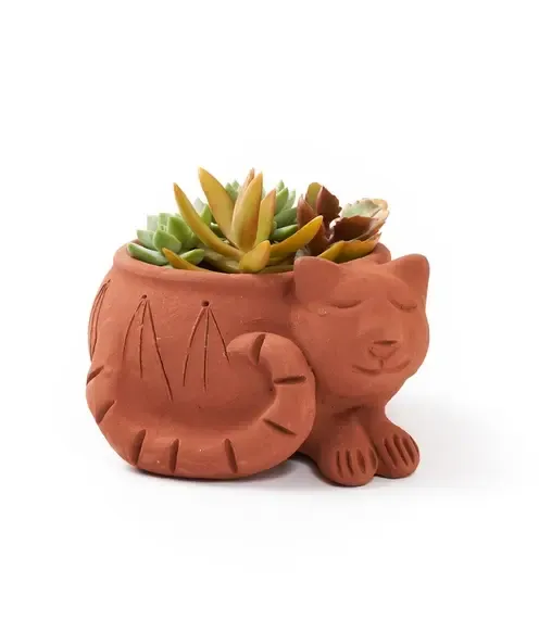 Terracotta Cat Plant Pot, India
