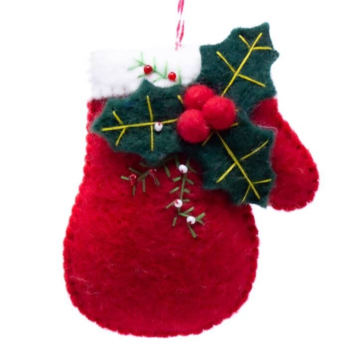 Holly Mittens Felt Ornament, Nepal