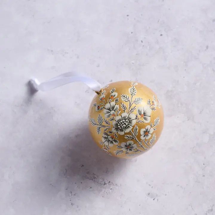 Painted Gold Florals Paper Mache Ball Ornament, India