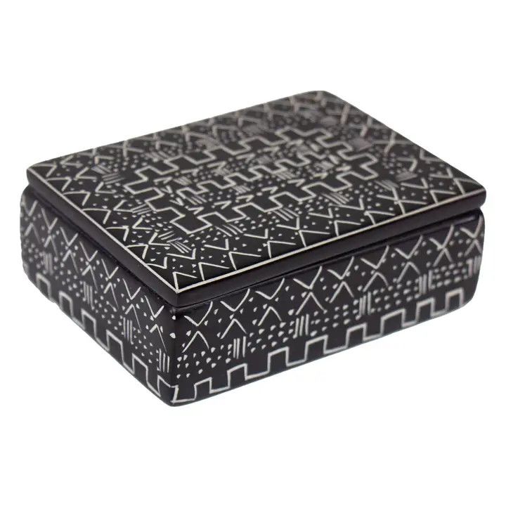 Soapstone Carved Box, Black Tribal Etching, Kenya