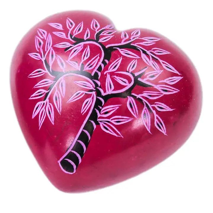 Large Soapstone Red Puffy Heart With Tree Carving, Kenya