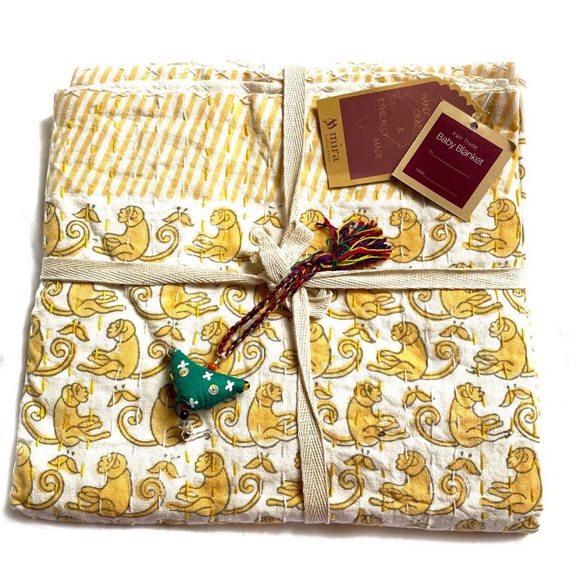Kantha Baby Blanket with Monkey Print, India