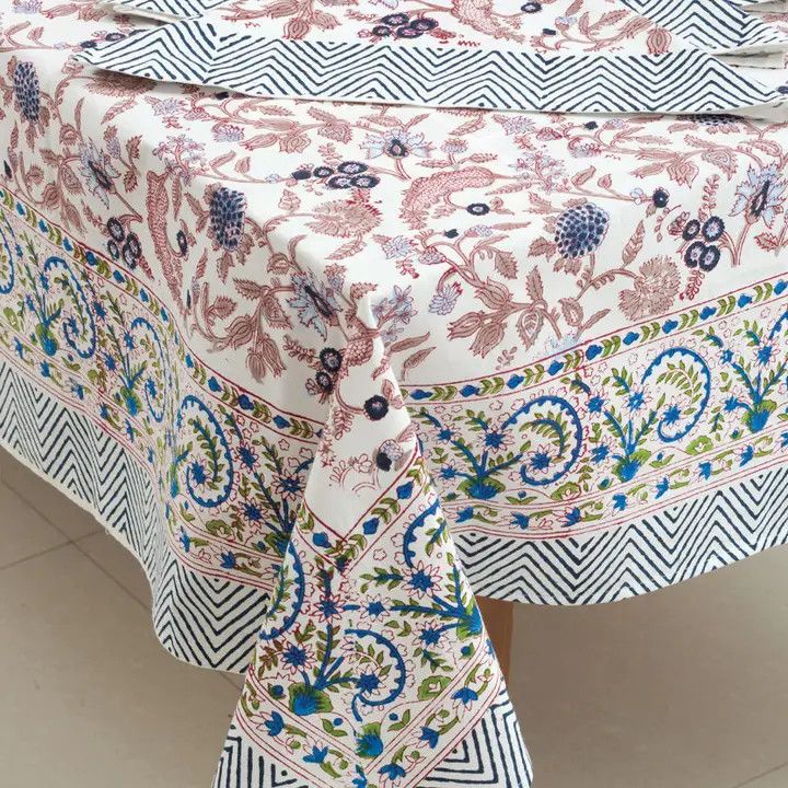 Navy and Mauve Floral Tablecloth, India