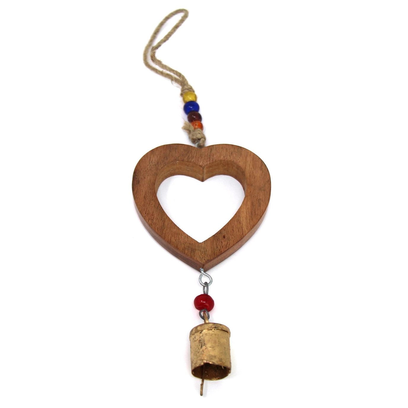 Wood Heart Chime With Recycled Iron Bell, India