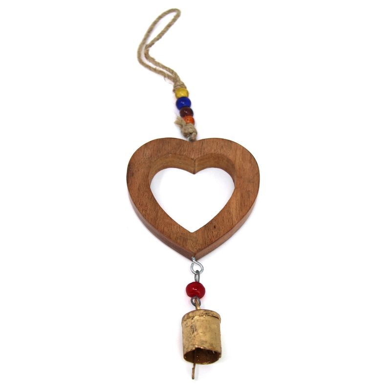 Wood Heart Chime With Recycled Iron Bell, India