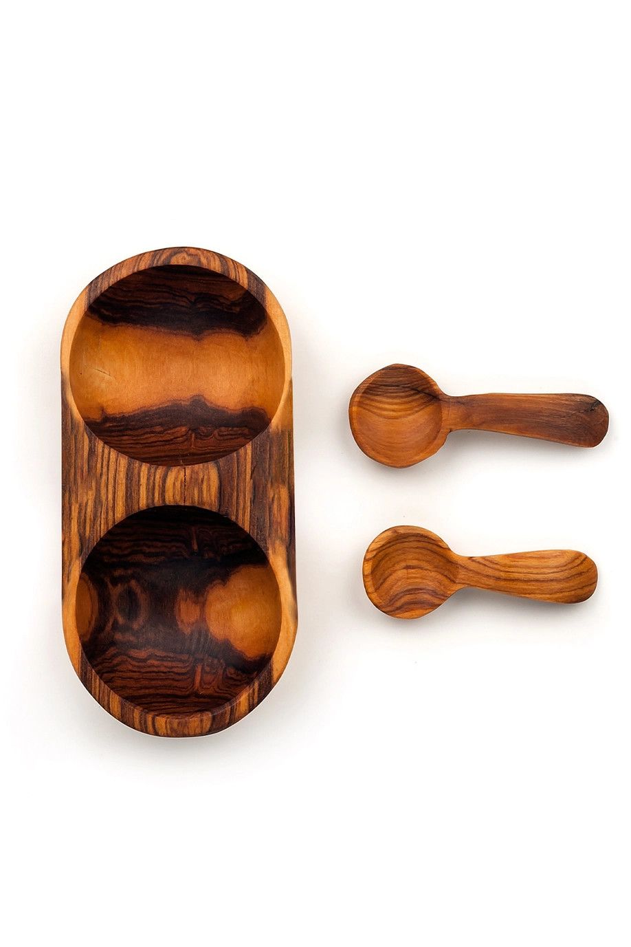 Double Wild Olive Wood Spice Bowl With Spoons, Kenya