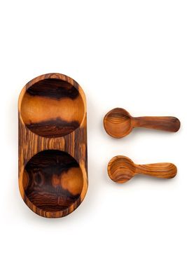 Double Wild Olive Wood Spice Bowl With Spoons, Kenya
