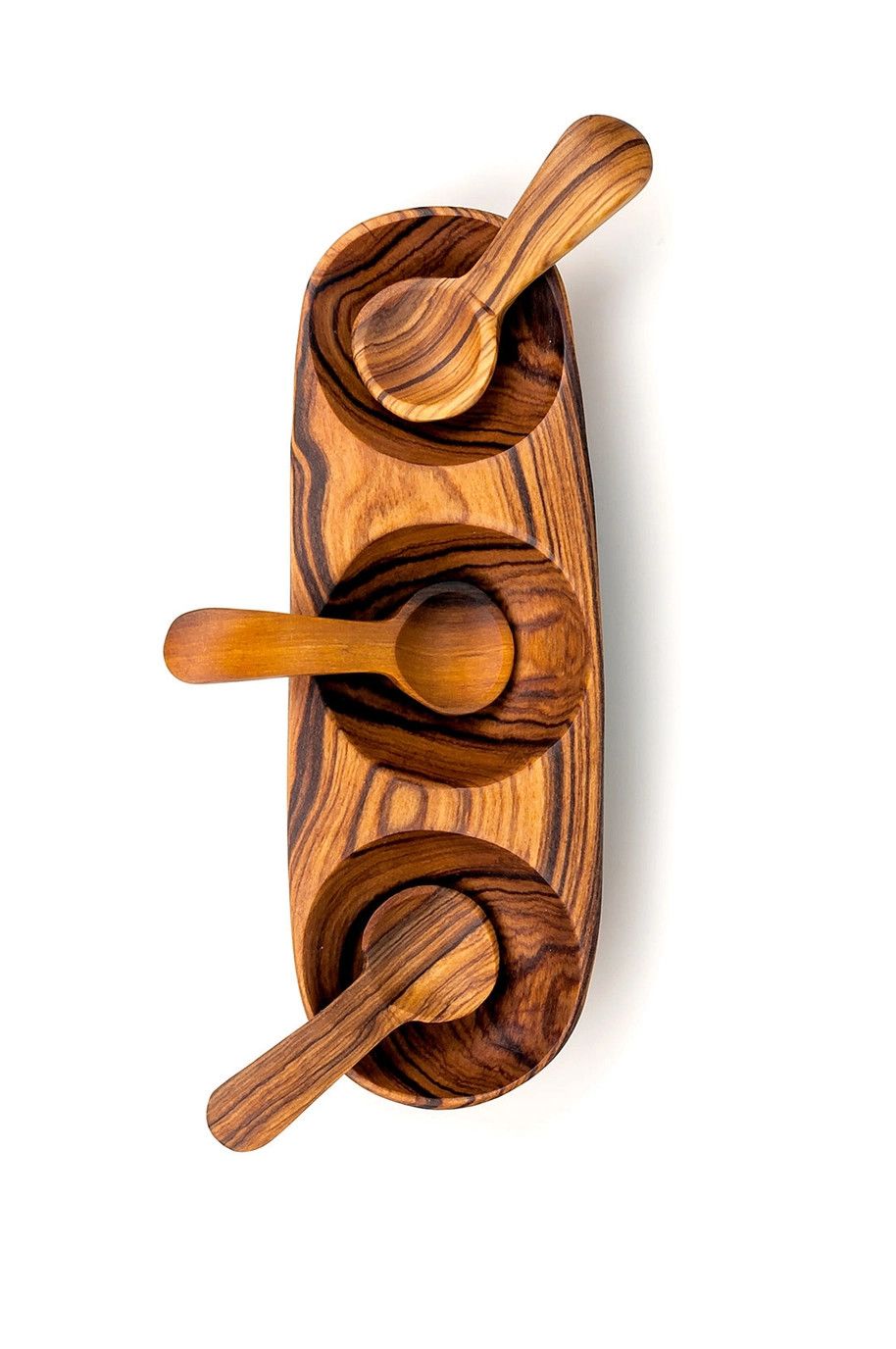 Triple Wild Olive Wood Spice Bowl With Spoons, Kenya