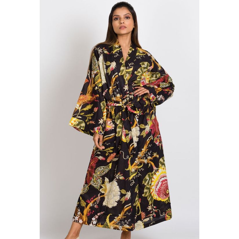 Long Kimono Robes Black and Rose, India