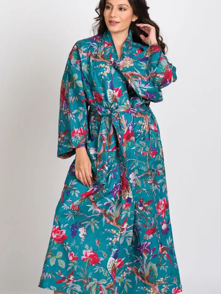 Cotton Kimono Robe - Teal And Rose