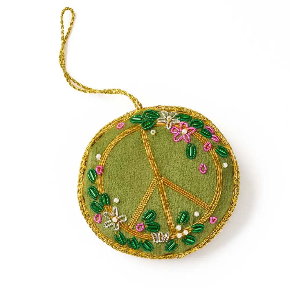 Floral Peace Sign Beaded Fabric Ornament, India