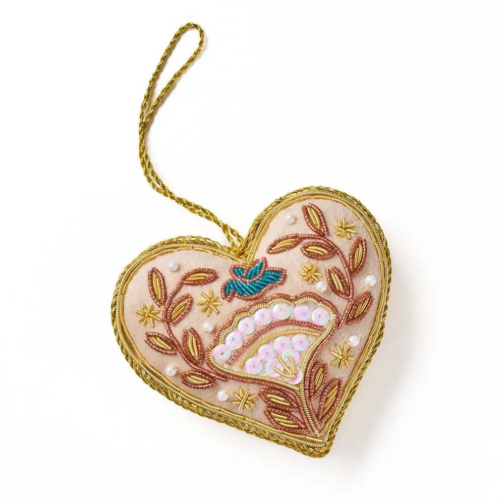 Floral Heart Beaded Fabric Ornament, India