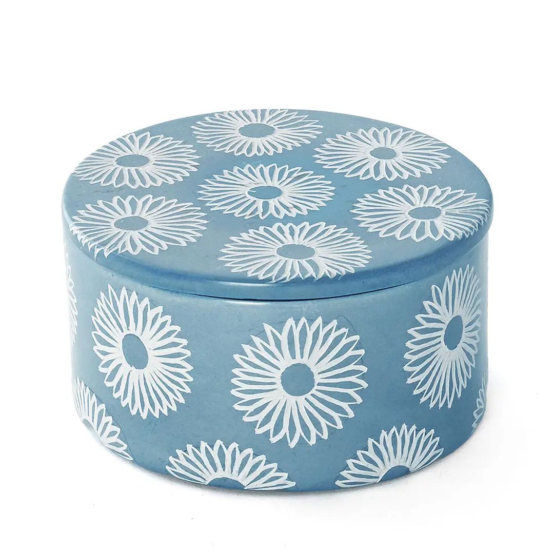 Blue Blossom Soapstone Storage Box, Kenya