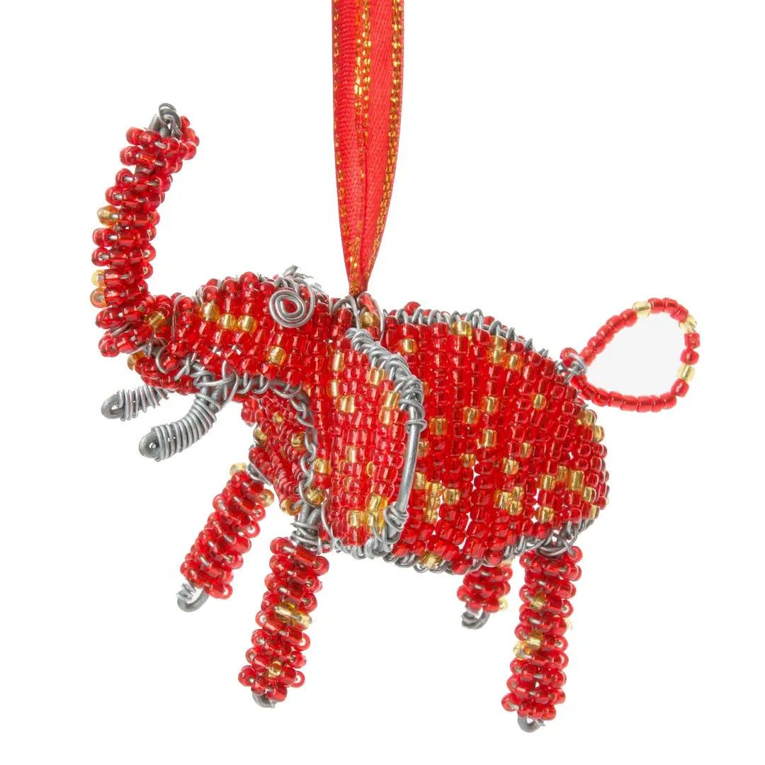 Red Beaded Wire Holiday Elephant Ornament, Kenya