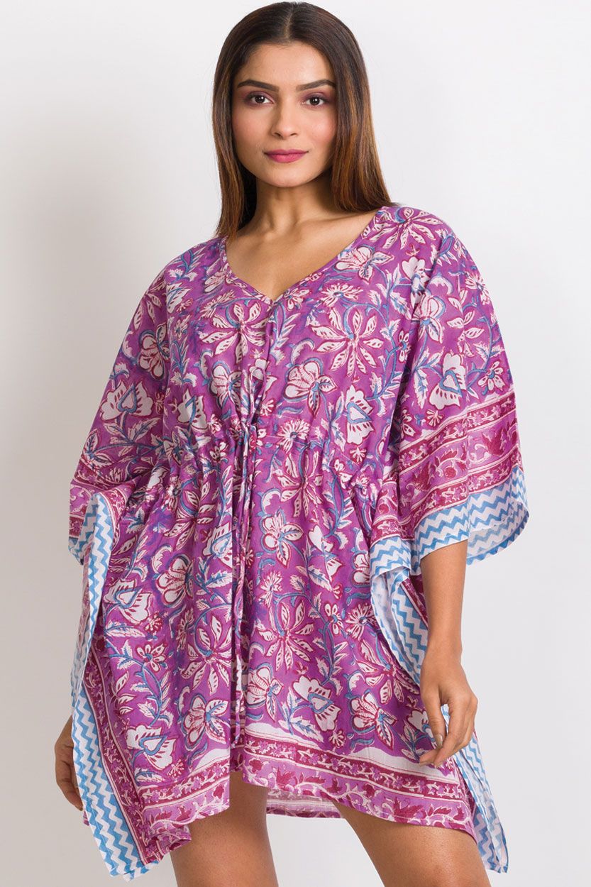 Block Printed Caftan-Purple &amp; Fuchsia, India