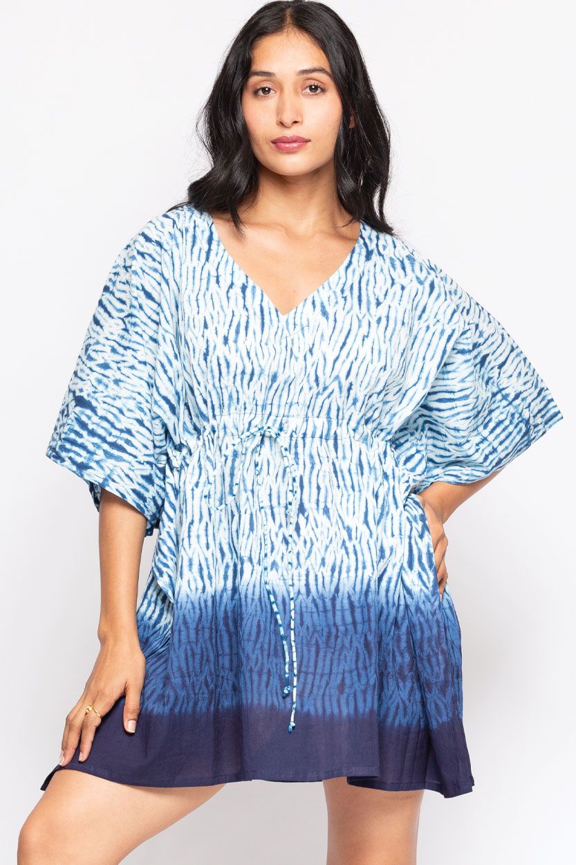 Shibori Cotton Caftan-Blue &amp; White, India