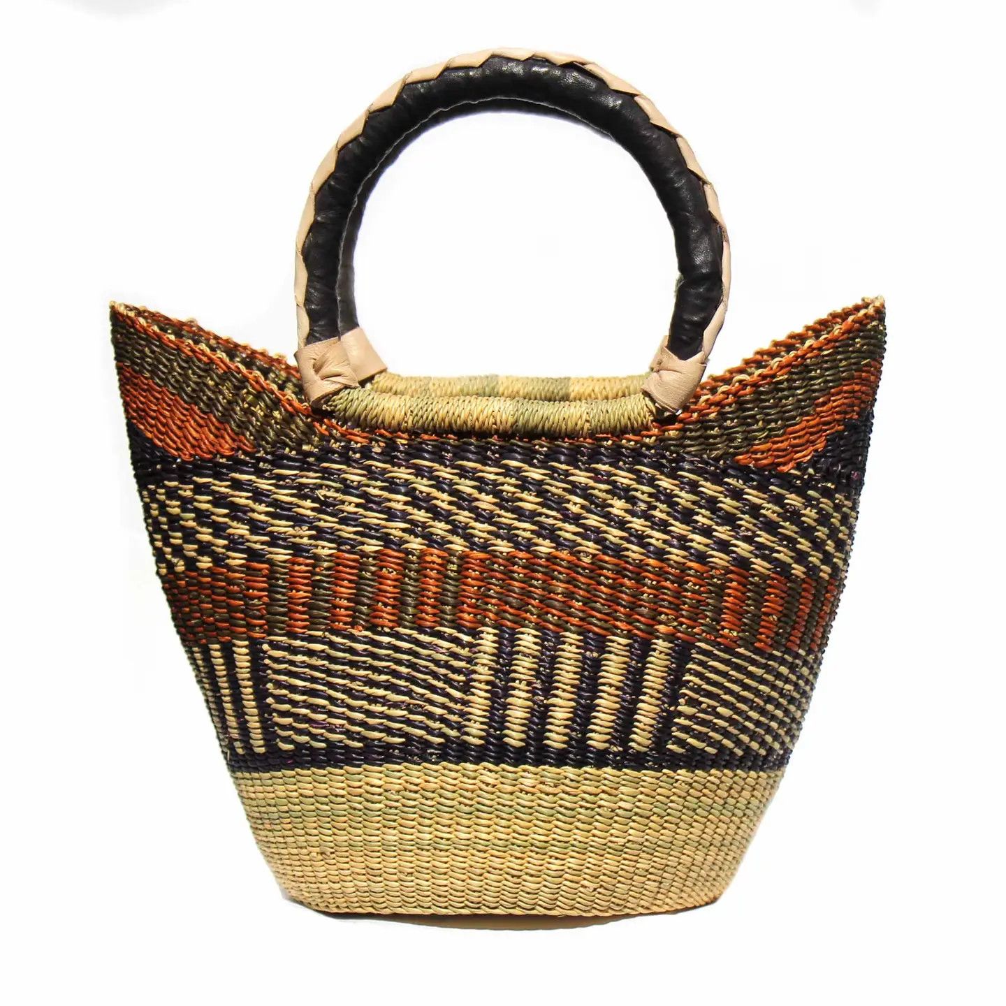 Assorted Bolga Tote/Basket W/Leather Handle, Small, Ghana