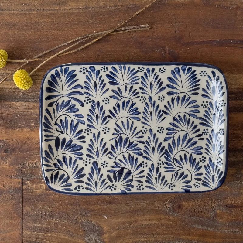 Ceramic Small Serving Platter, Blue Plumeado, Mexico