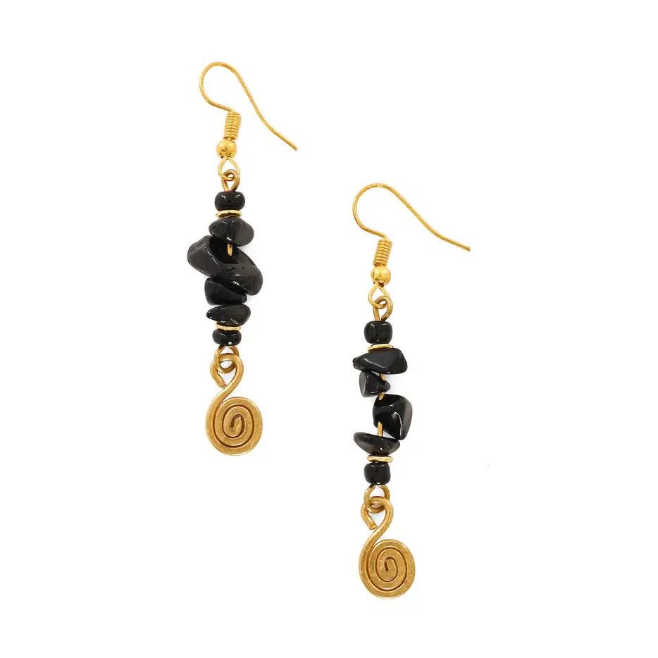 Midnight Stone and Brass Spiral Drop Earrings, Kenya