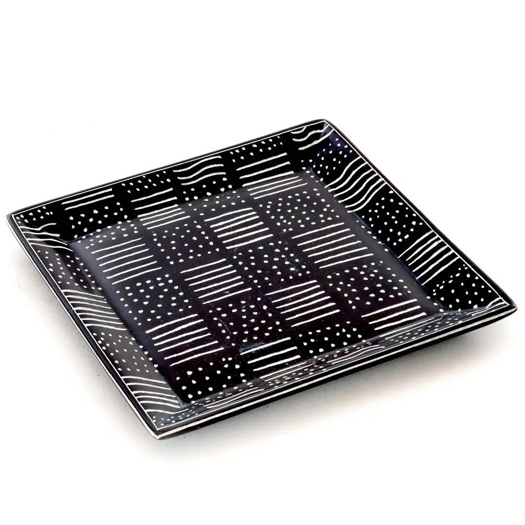 Spindle Mudcloth Square Soapstone Dish, Kenya