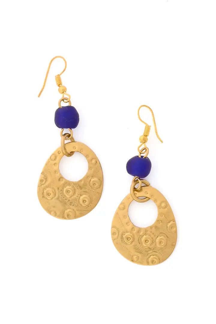 Brass Earrings with Blue Glass Bead, Kenya