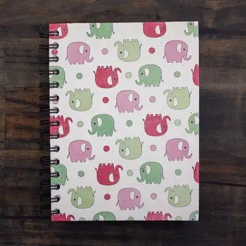Large Notebook - Elephants Pink &amp; Green, Sri Lanka