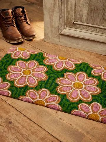 Pink and Green Daisy Coir Doormat, India