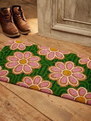 Pink and Green Daisy Coir Doormat, India