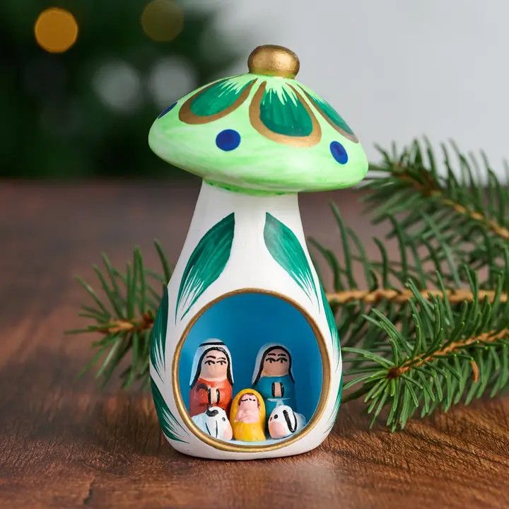 Mini Mushroom Ceramic Nativity, Peru