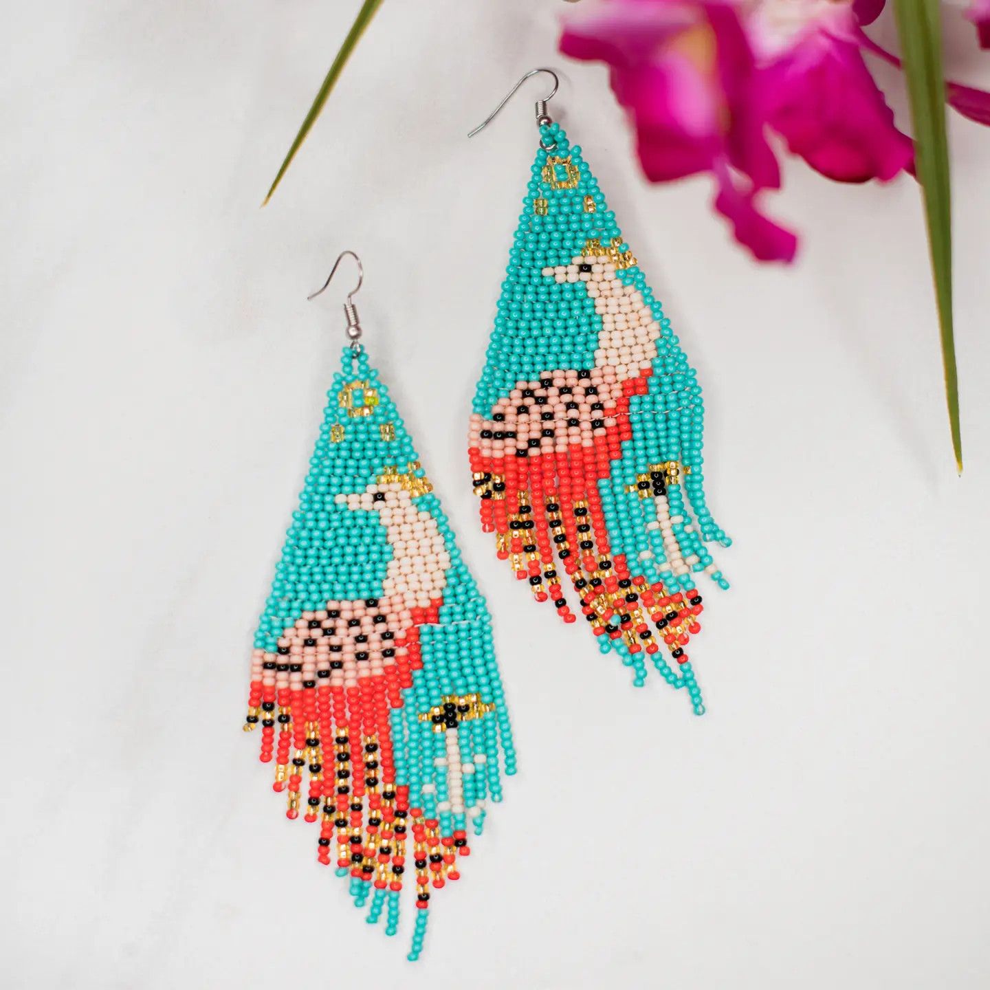 Beaded Fringe Peacock Earrings, Guatemala