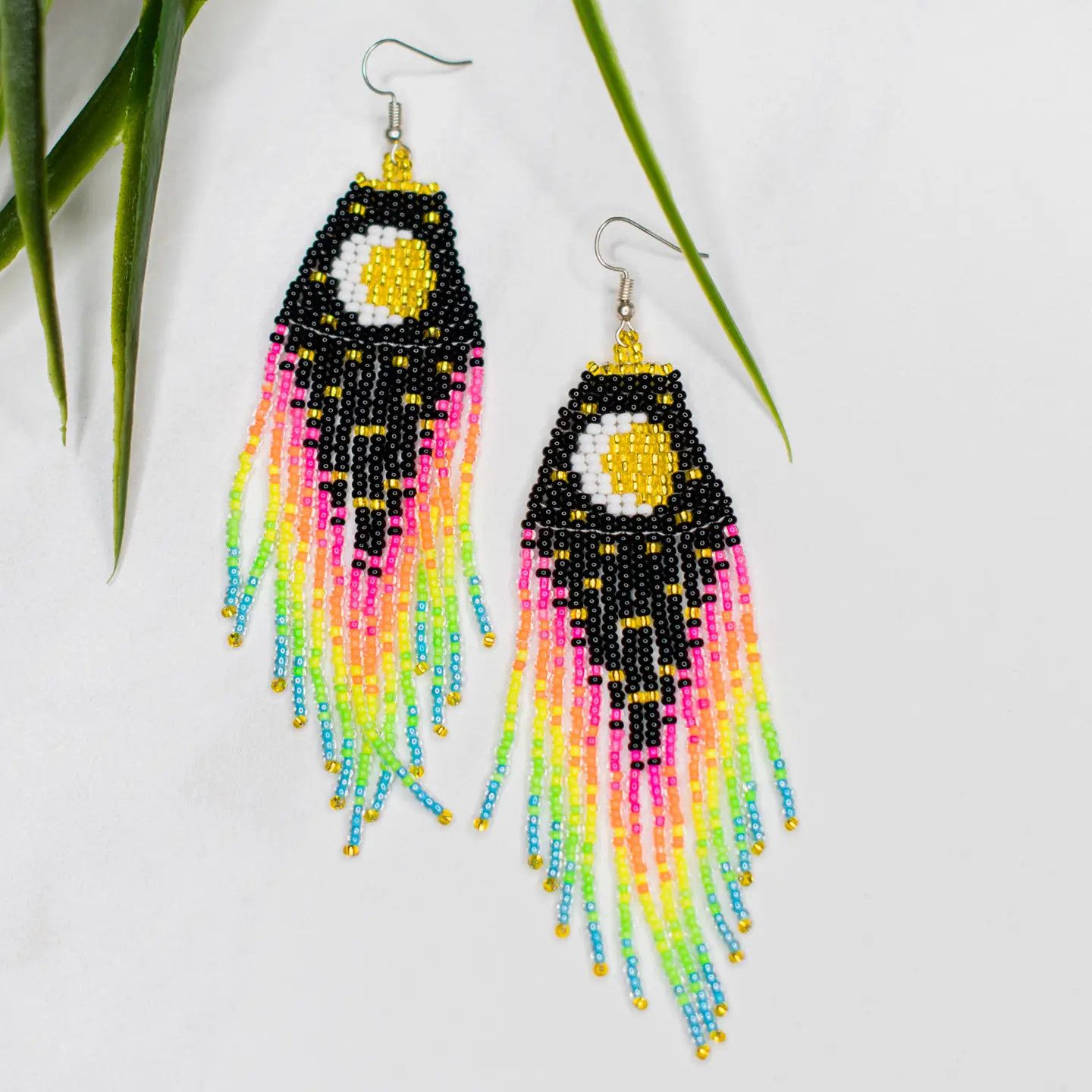 Beaded Fringe Crescent Moon Earrings, Guatemala