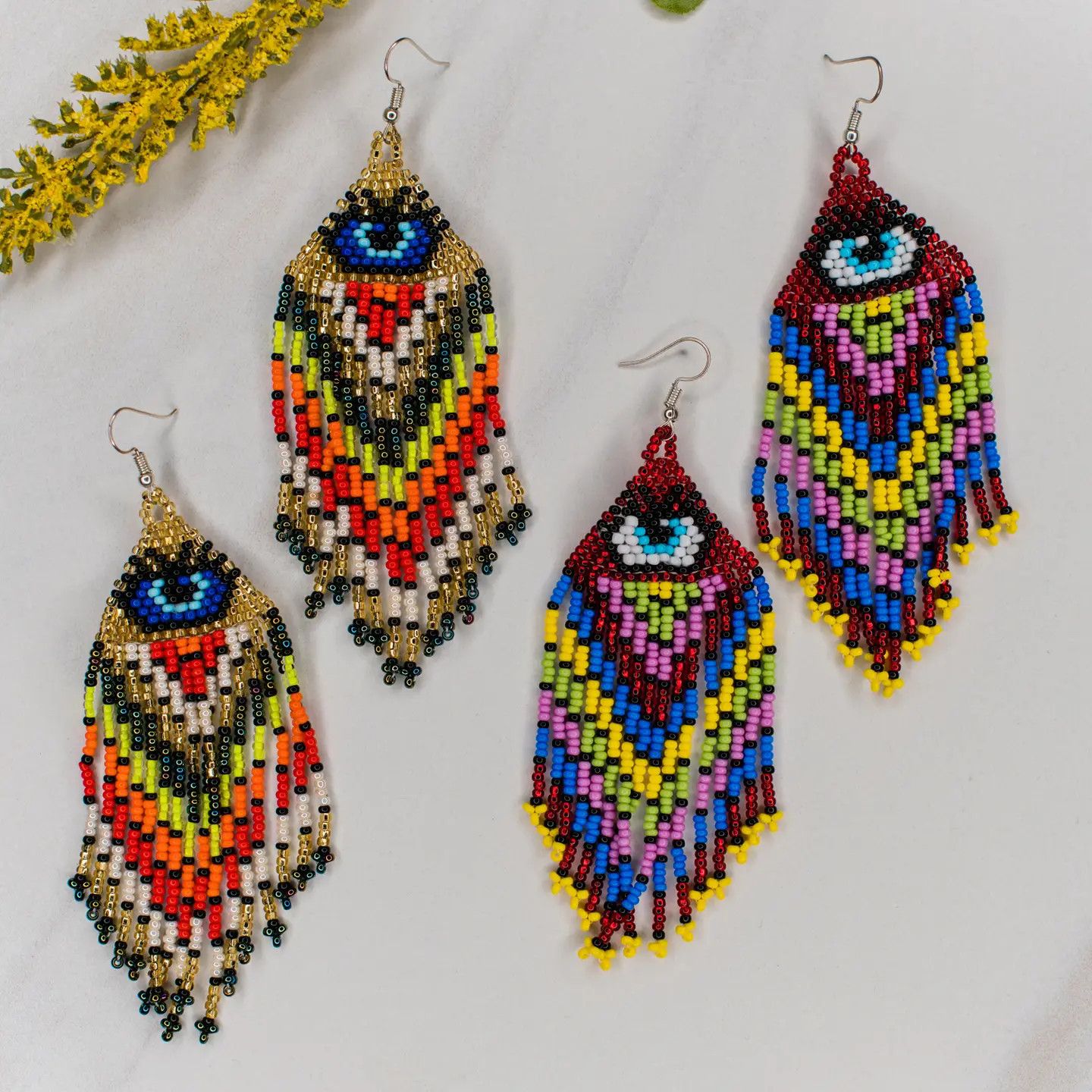 Beaded Fringe Evil Eye Earrings, Guatemala