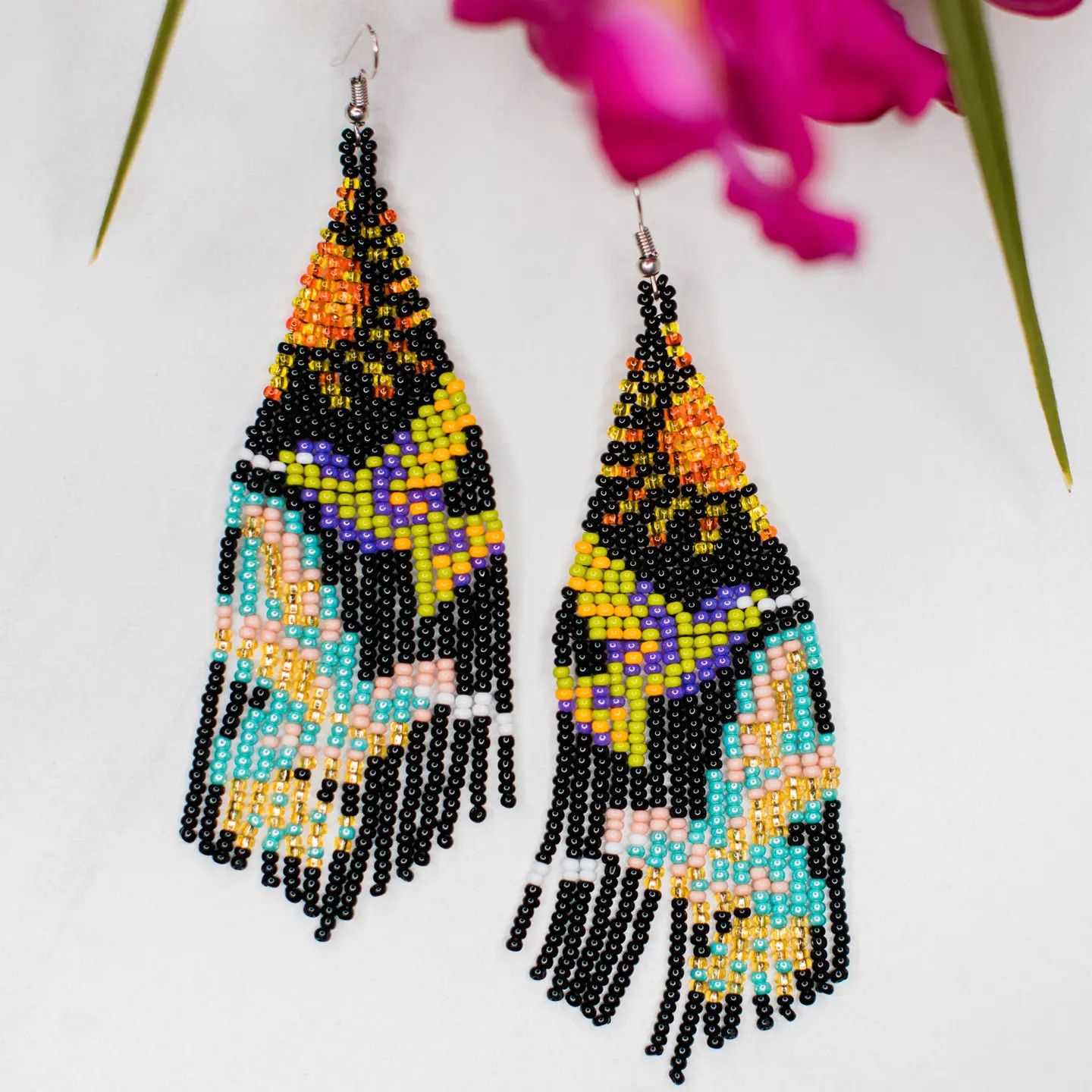 Beaded Fringe Midnight Hummingbird Earrings, Guatemala