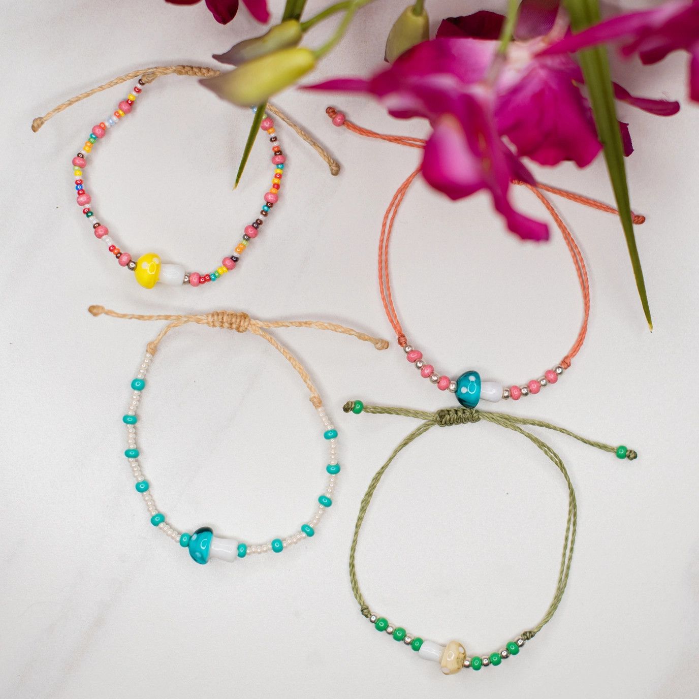Mushroom Beaded String Bracelet, Guatemala