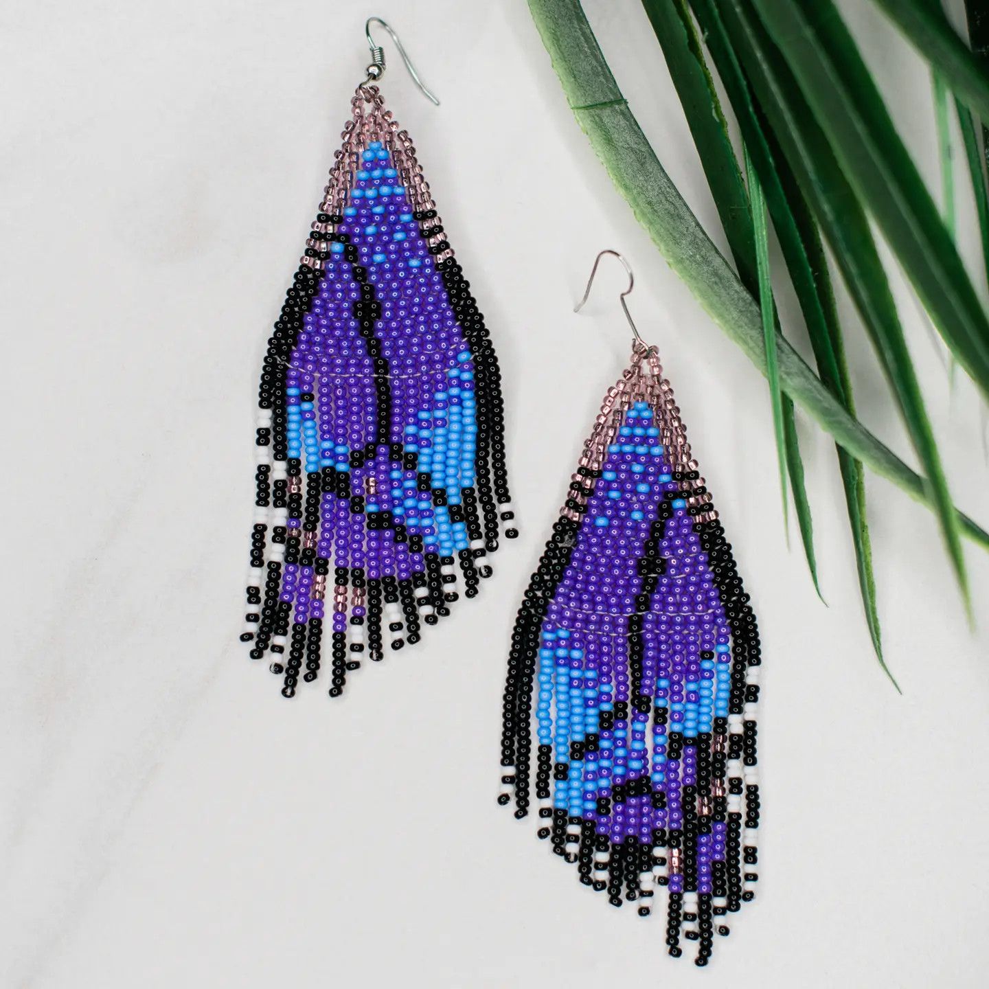 Beaded Fringe Purple Butterfly Wing Earrings, Guatemala