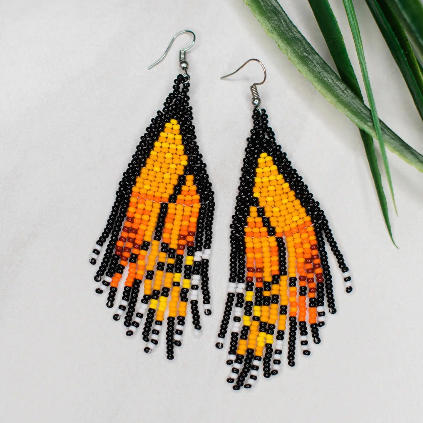 Beaded Fringe Orange Butterfly Wing Earrings, Guatemala