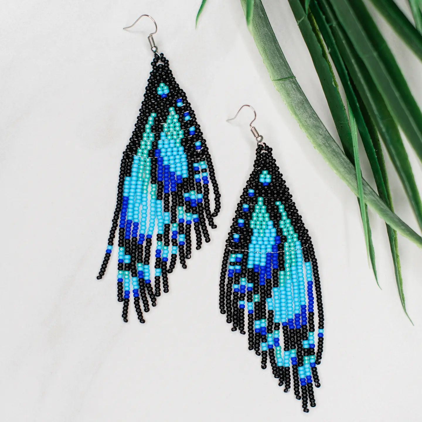 Beaded Fringe Turquoise Butterfly Wing Earrings, Guatemala