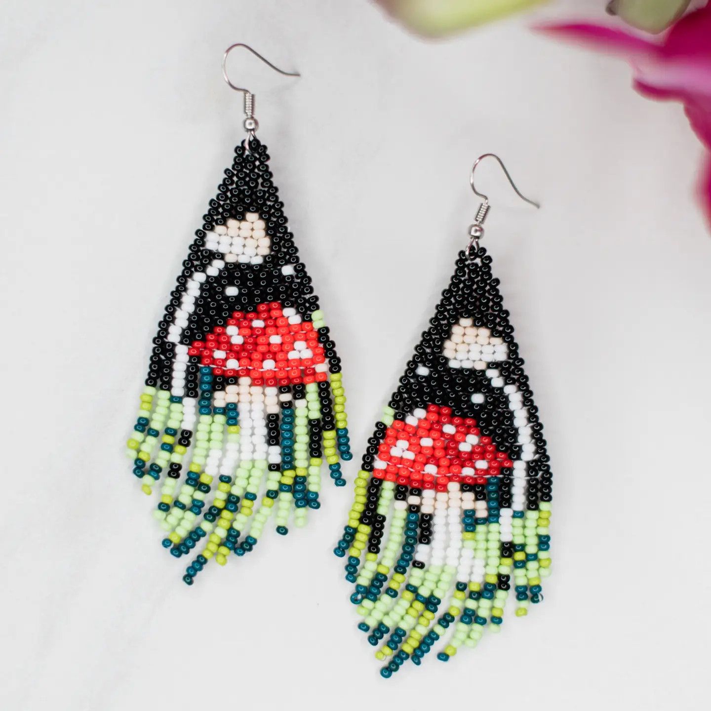 Beaded Fringe Woodland Mushroom Earrings, Guatemala