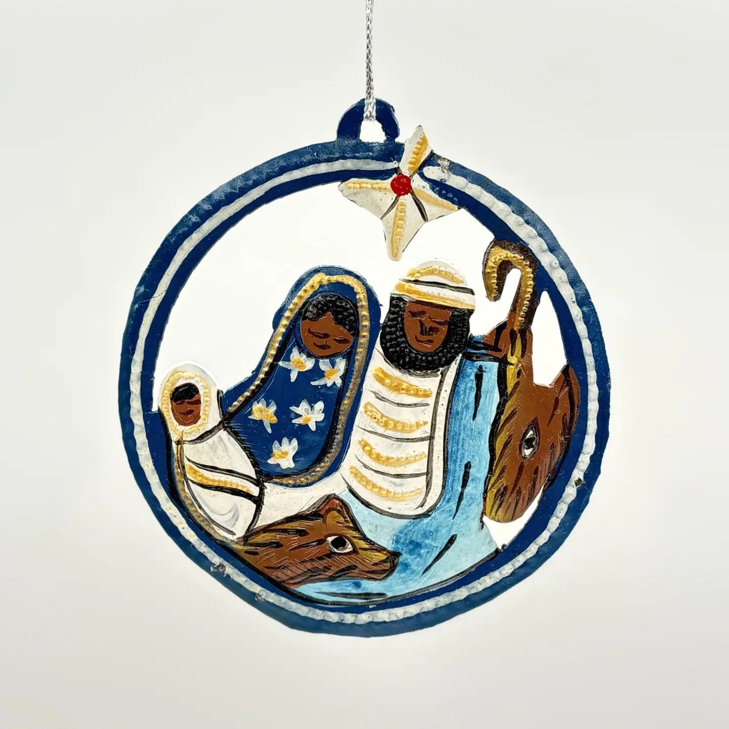 Blue &amp; Yellow Metal Nativity Ornament, Haiti