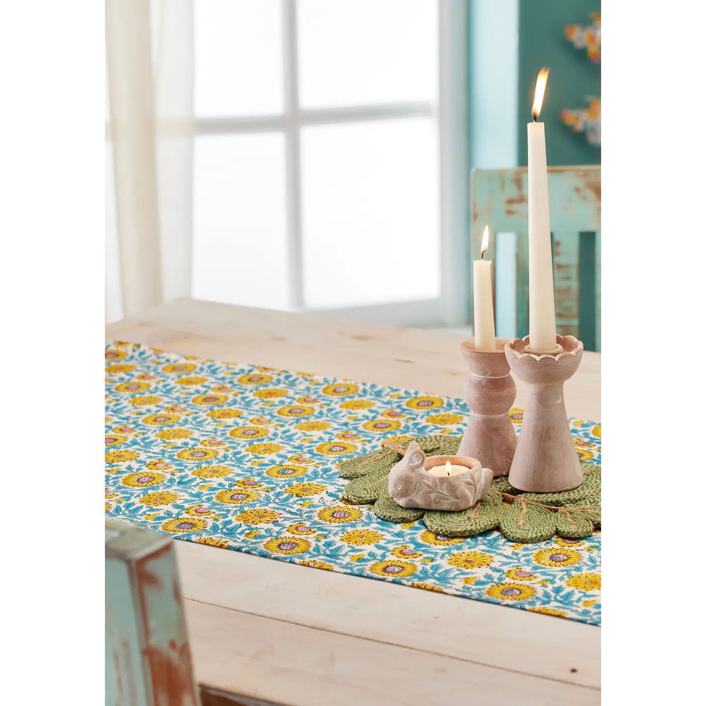 Sunflower Block Print Table Runner 59x18, India