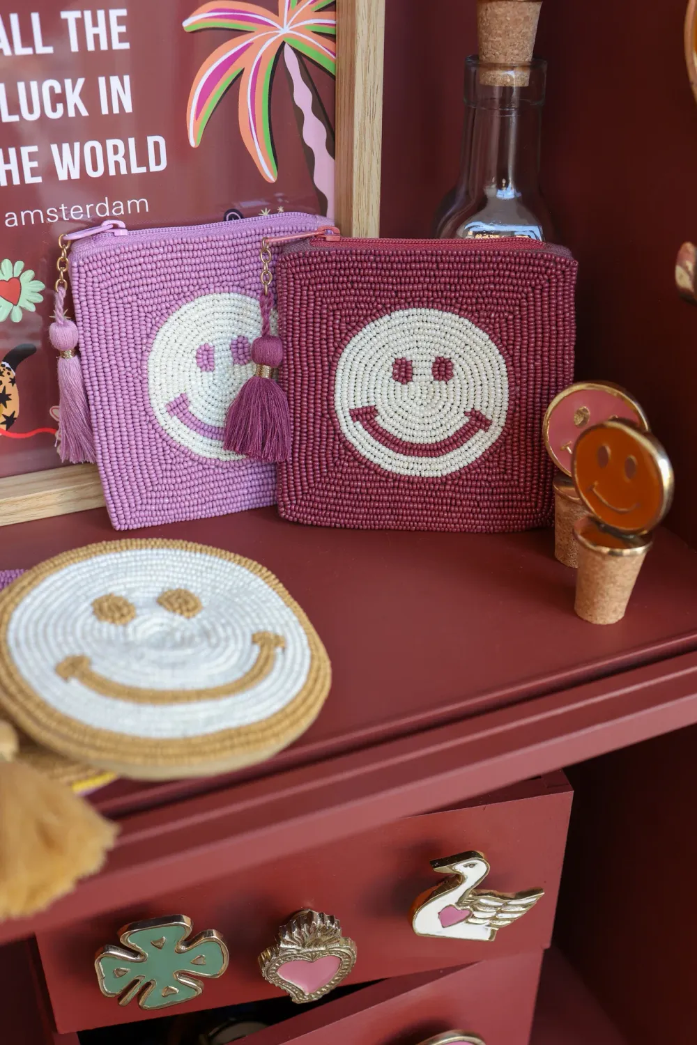 All the Luck in the World - Vierkante portemonnee Smiley Bordeauxrood