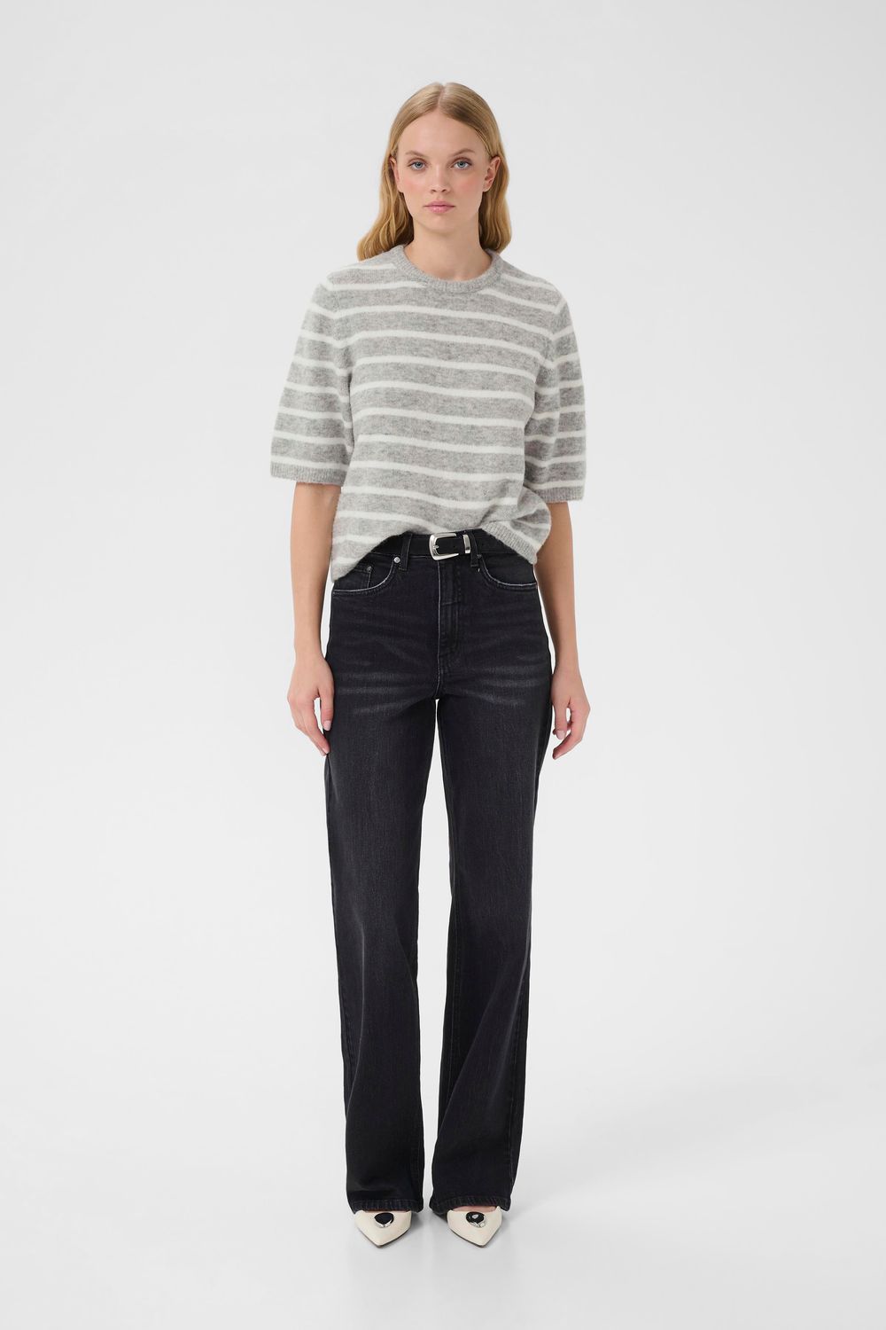 Gestuz - Alpha ss Tee striped light grey mel/white stripe