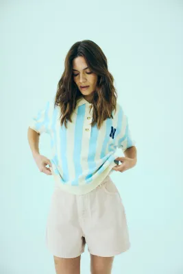 Norr - Varsity knit polo Light blue stripe