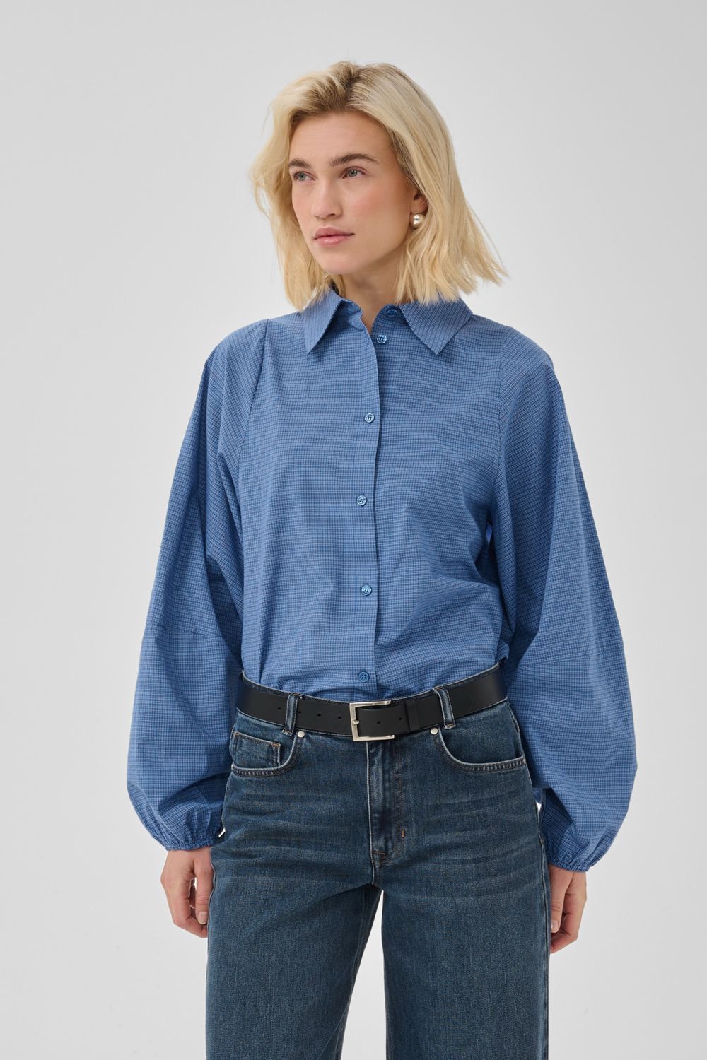 My Essential Wardrobe - Ilse Balloon Sleeve shirt Clear blue check