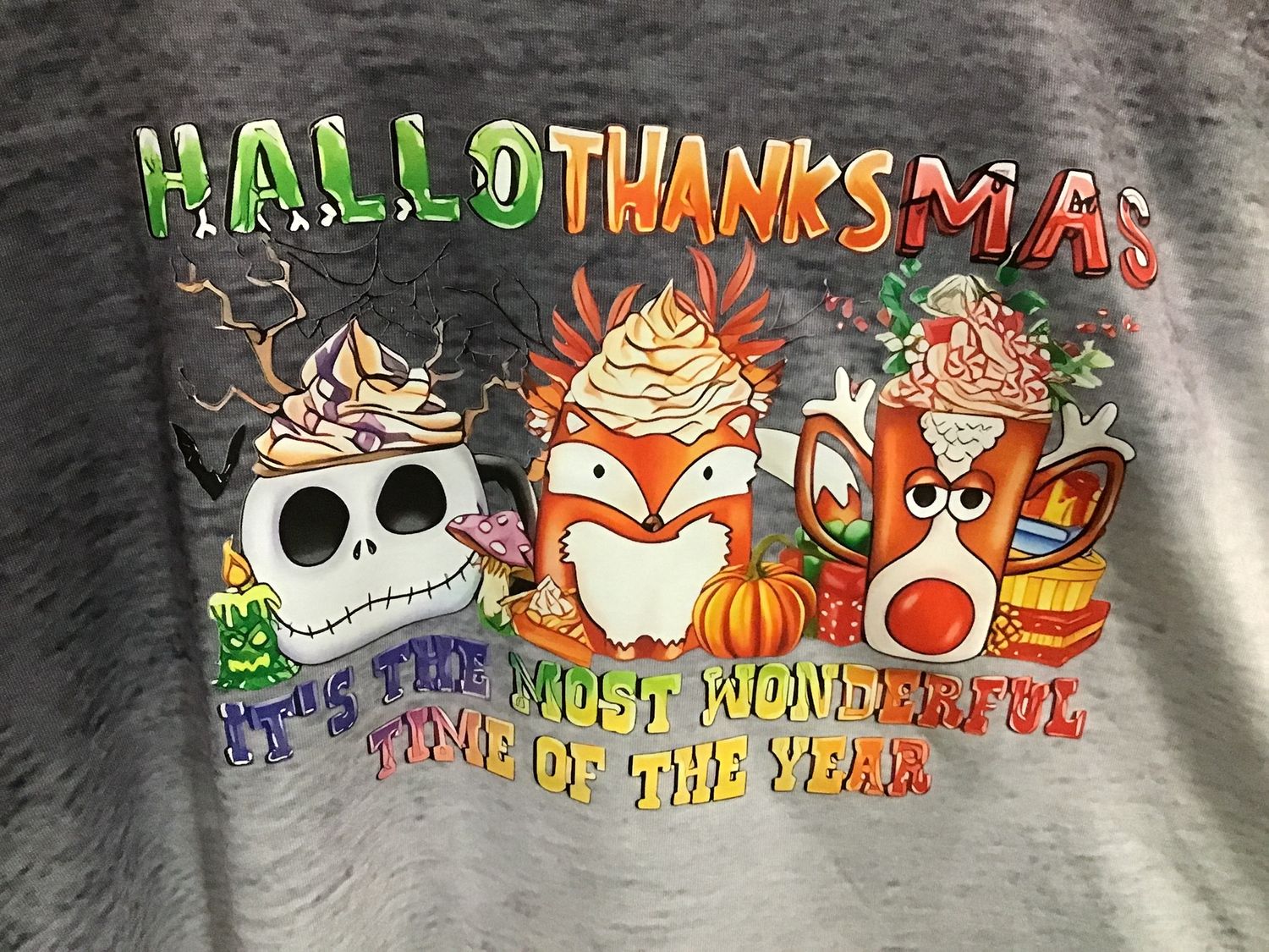 Fall Two-Tone Black/Gray Long Sleeve Shirt, Size: M, Design: HalloThanksMas